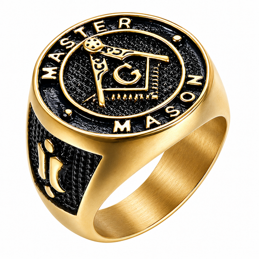 18k Gold PVD Stainless Steel Masonic Freemason Compass Signet Ring