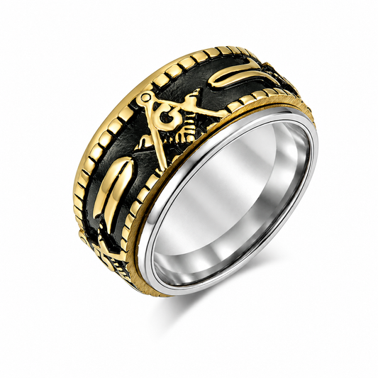 18k Gold PVD Stainless Steel Masonic Freemason Compass Signet Ring