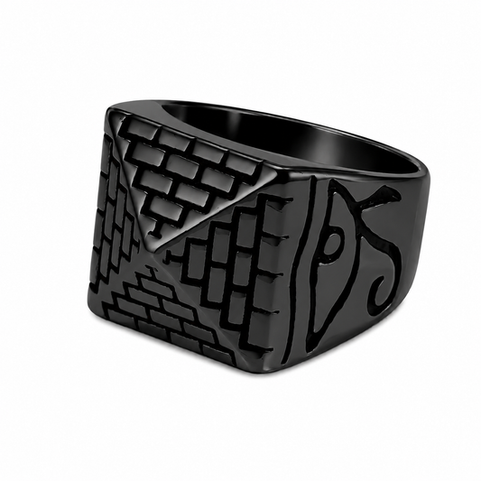 Black PVD Stainless Steel Eye of Horus Egyptian Pyramid Ring