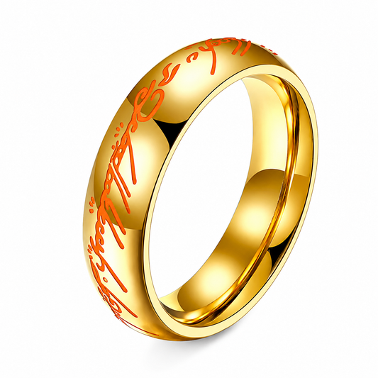 18k Gold PVD Stainless Steel Glowing Script Fantasy Elf Writing Band Ring