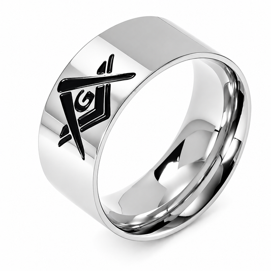 Stainless Steel Masonic Freemason Compass Signet Band Ring