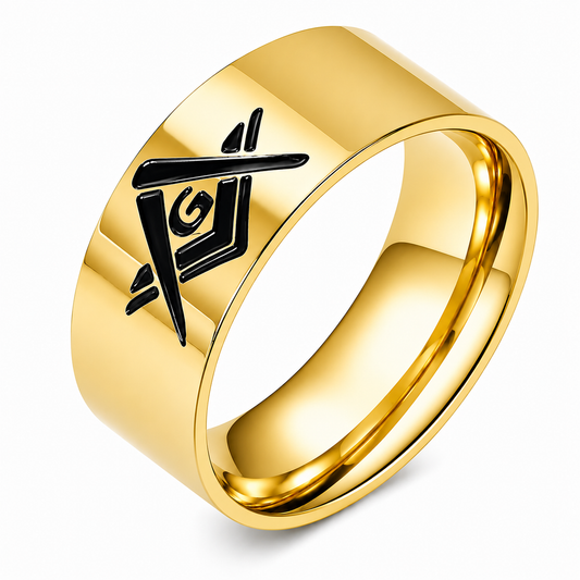 18k Gold PVD Stainless Steel Masonic Freemason Compass Signet Band Ring