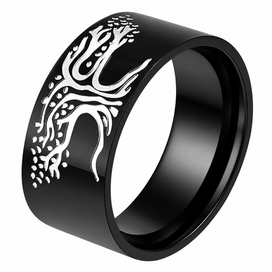 Black PVD Stainless Steel Tree of Life Nature Plant Family Band Ring