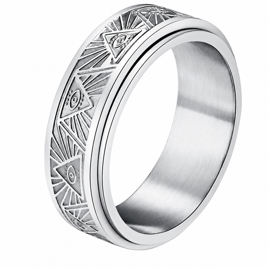 Stainless Steel Masonic Eye of Providence All Seeing Spinner Band Ring