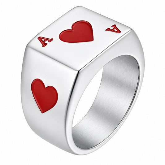 Stainless Steel Ace of Heart Card Game Figure Signet Ring