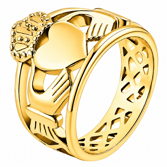 18k Gold PVD Stainless Steel Claddagh Heart Friendship Wide Celtic Ring