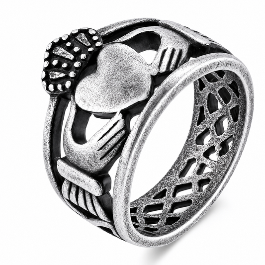 Antiqued-Finish Stainless Steel Claddagh Heart Friendship Wide Celtic Ring