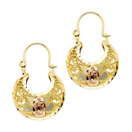 14k Tri-Color Gold Ornate Hanging Hoop Dangling Curve Crescent Cage Earrings