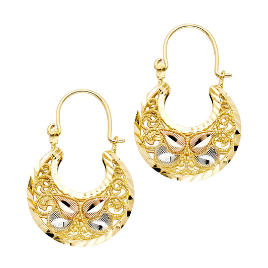 14k Tri-Color Gold Ornate Leaf Hoop Hinge Clasp Basket Filigree Swirl Earrings