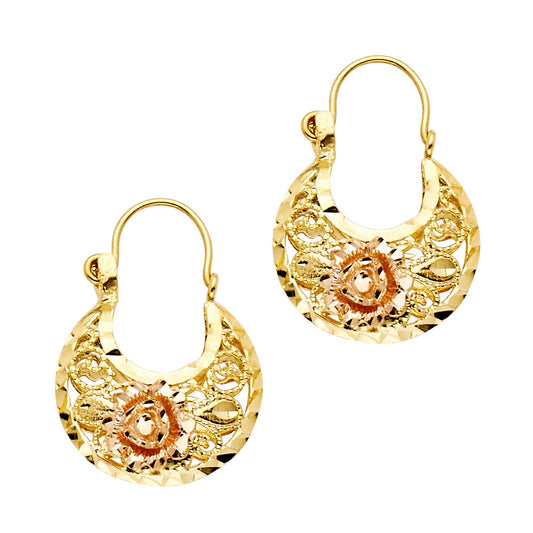 14k Two-Color Gold Ornate Rose Basket Vintage Filigree Swirl Hanging Earrings