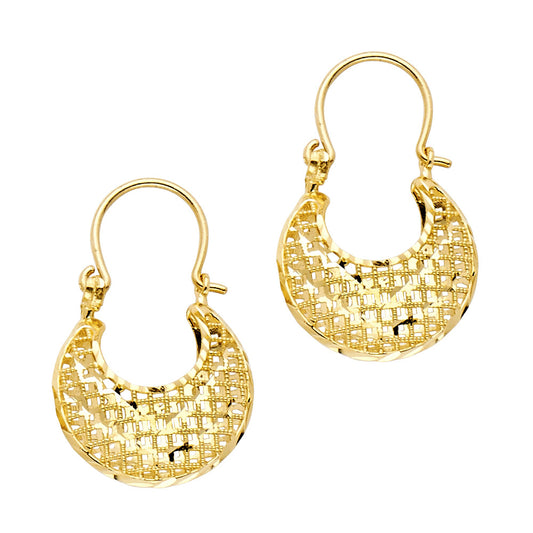 14k Yellow Gold Elegant Basket Weave Hoop Hanging Dangling Hinge Clasp Earrings