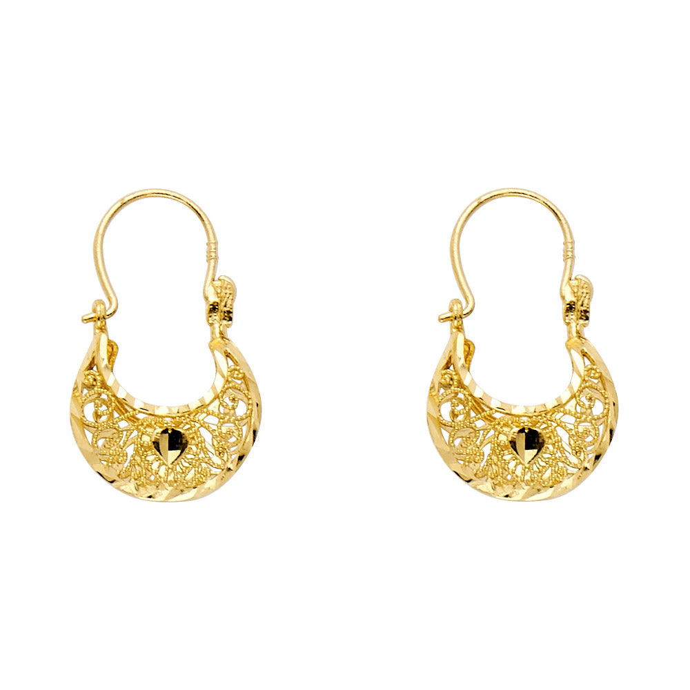 14k Yellow Gold Elegant Hinge Crescent Hoop Hanging Dangling Ornate Earrings