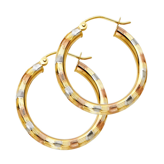 14k Tri-Color Gold Stripe Hoop Hinge Clasp Circle Round Earrings