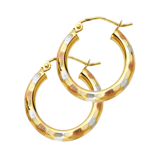 14k Tri-Color Gold Round Stripe Hoop Hinge Clasp Circle Earrings