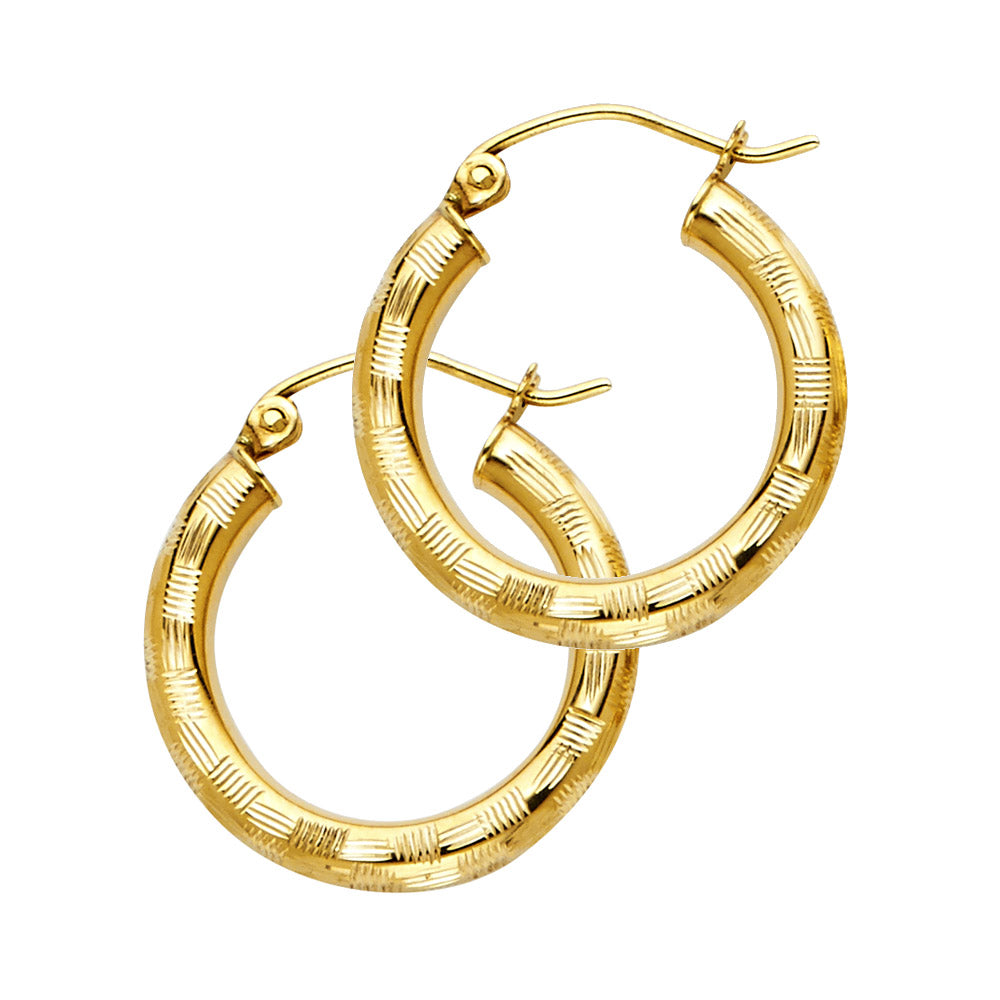 14k Yellow Gold Basket Weave Hoop Cross Hatch Pattern Circle Round Earrings