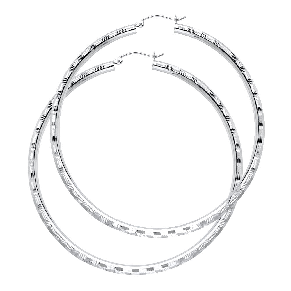 14k White Gold Simple Cross Hatch Hoop High Polish Hinge Clasp Circle Earrings