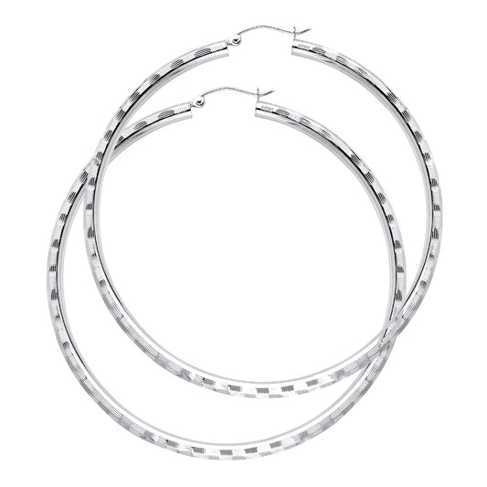 14k White Gold Simple Cross Hatch Hoop High Polish Hinge Clasp Circle Earrings