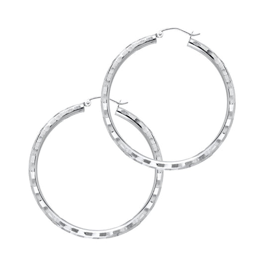 14k White Gold Round Hoop Circle Classic Stripe Earrings