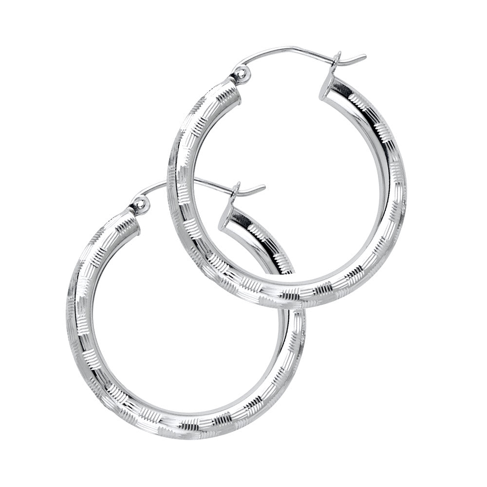 14k Yellow Gold Basket Weave Hoop Etched Circle Round Classic Earrings