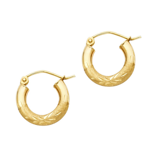 14k Yellow Gold Elegant High Polish Hoop Diamond-Cut Star Satin Finish Earrings