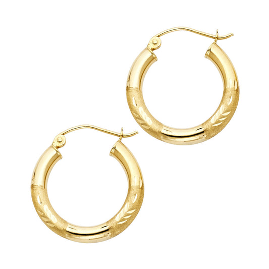 14k Yellow Gold High Polish Hoop Satin Finish Diamond-Cut Leaf Stripe Earrings