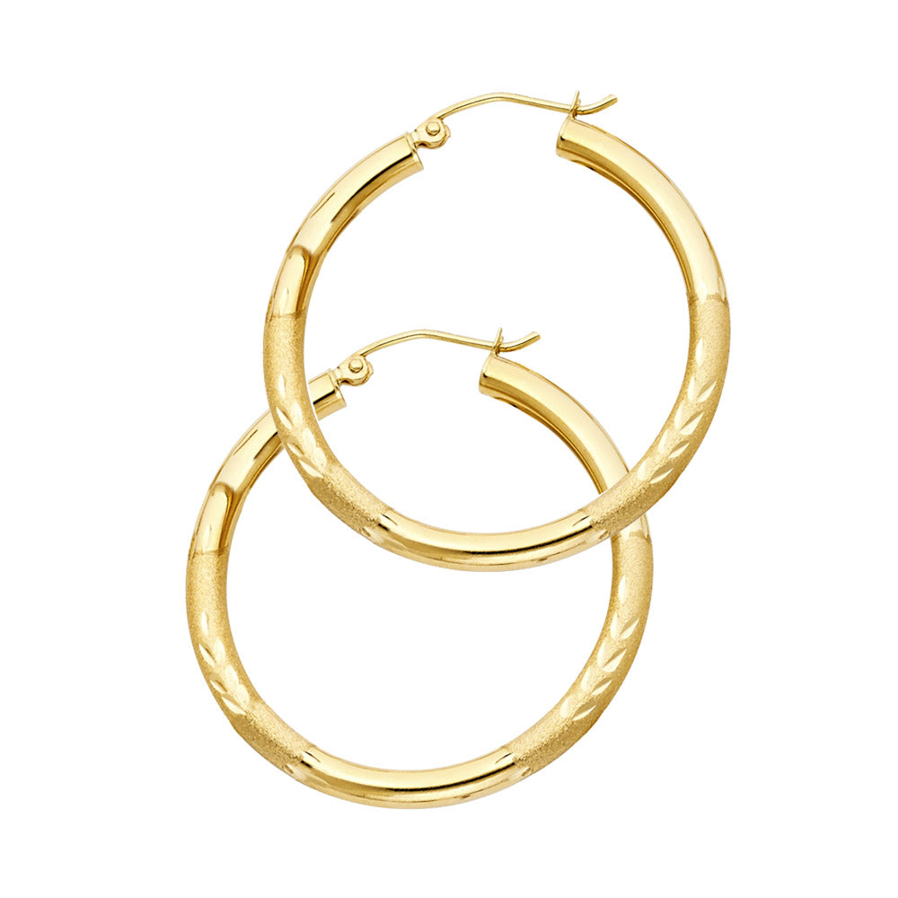14k Yellow Gold Satin Finish Hoop Frosted Diamond-Cut Stripe Flower Earrings
