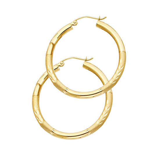 14k Yellow Gold Satin Finish Hoop Frosted Diamond-Cut Stripe Flower Earrings