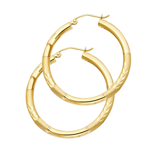 14k Yellow Gold Elegant Satin Finish Hoop Stripe Hinge Clasp Earrings