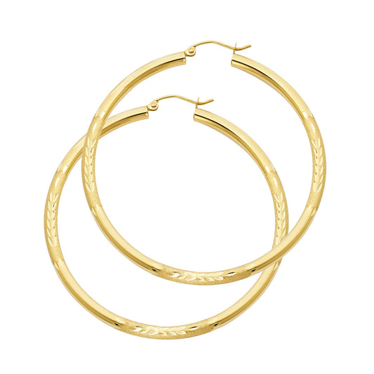 14k Yellow Gold Diamond-Cut Leaf Hoop Hinge Clasp Shiny Round Circle Earrings