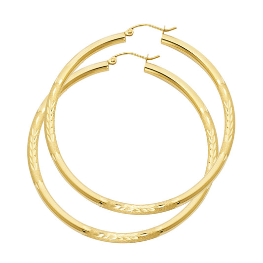 14k Yellow Gold Elegant Wide Hoop Circle Round Diamond-Cut Leaf Hinge Earrings