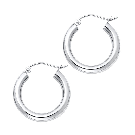 14k White Gold Simple Round Hoop High Polish Classic Earrings