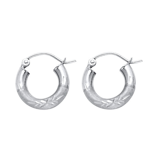14k White Gold Elegant Vintage Hoop Etched Frosted Diamond-Cut Leaf Earrings