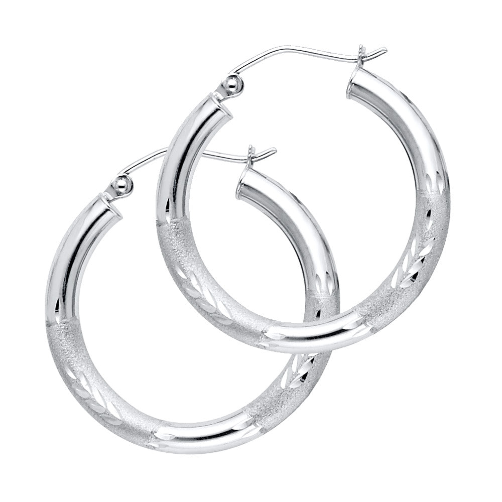 14k Yellow Gold Vintage Frosted Hoop Elegant Diamond-Cut Leaf Simple Earrings