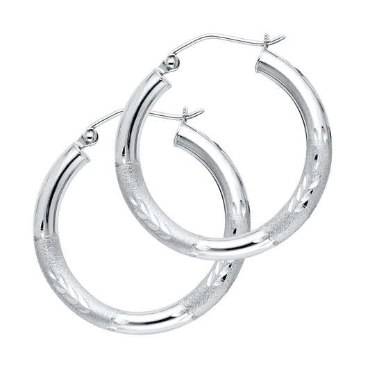14k Yellow Gold Vintage Frosted Hoop Elegant Diamond-Cut Leaf Simple Earrings