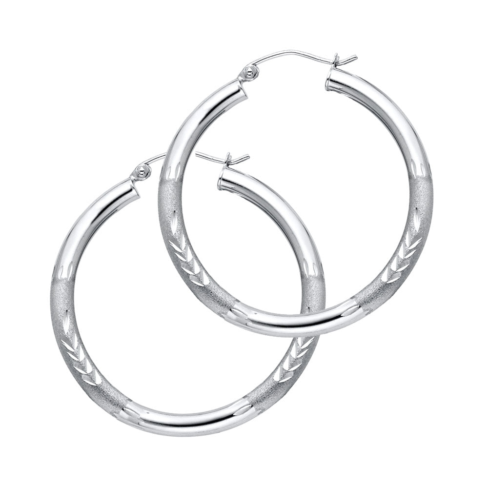 14k Yellow Gold Frosted Hoop Stripe Simple Classic Leaf Earrings