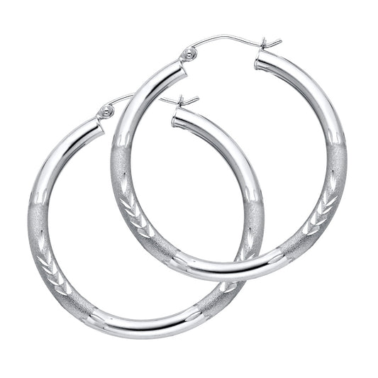 14k Yellow Gold Elegant Striped Hoop Satin Finish High Polish Leaf Earrings