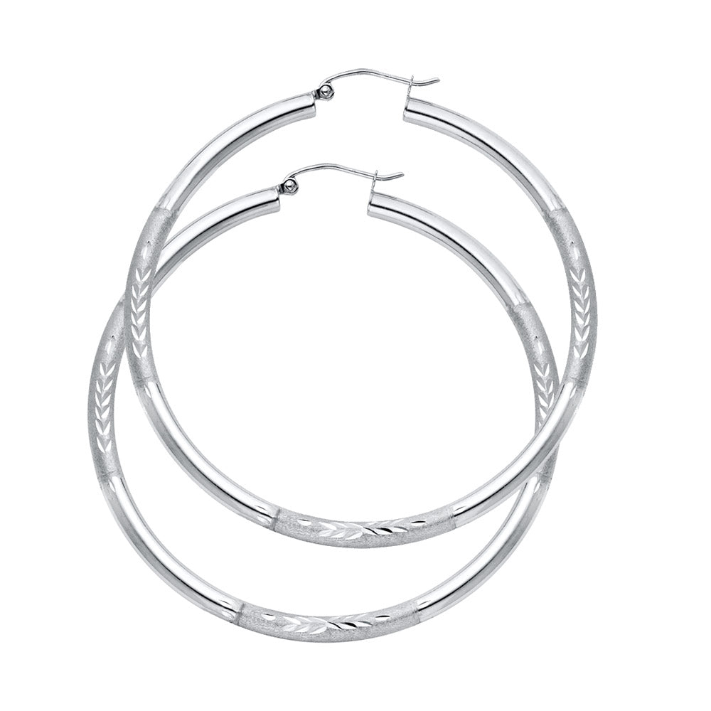 14k White Gold Elegant Thin Hoop Vintage Circle Round Stripe Earrings
