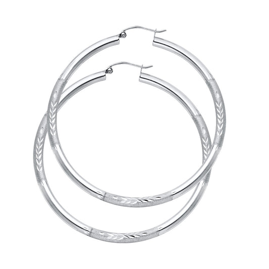 14k White Gold Elegant Thin Hoop Vintage Circle Round Stripe Earrings