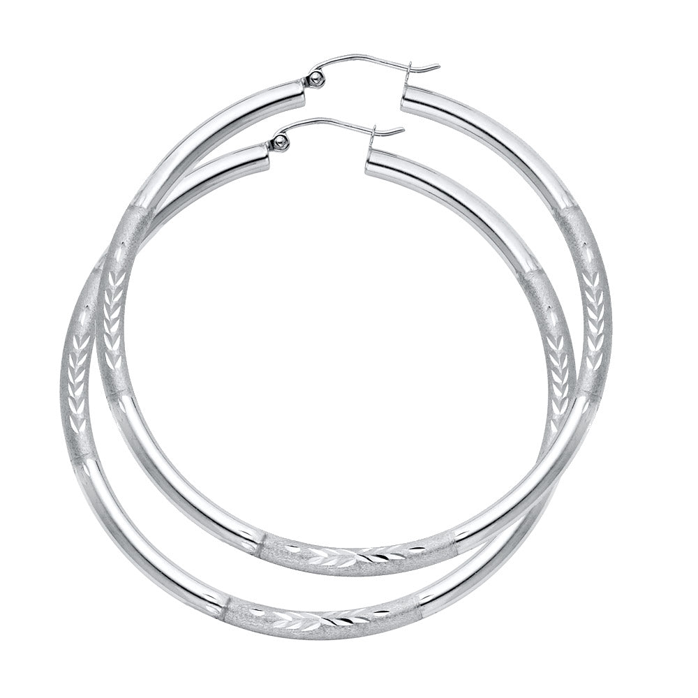 14k Yellow Gold Wide Floral Hoop Etched Leaf Diamond-Cut Stripe Earrings