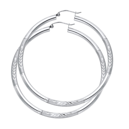 14k Yellow Gold Wide Floral Hoop Etched Leaf Diamond-Cut Stripe Earrings