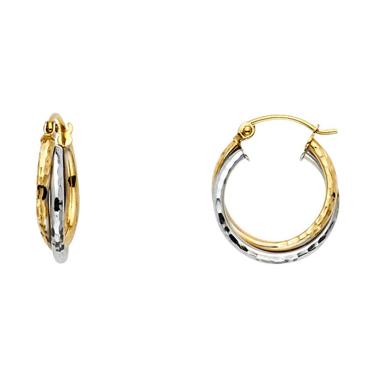 14k Two-Color Gold Elegant Hoop Interlocking Open Round Earrings