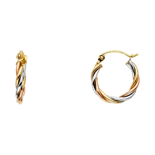 14k Tri-Color Gold Twist Hoop Circle Braid Weave Round Knot Earrings