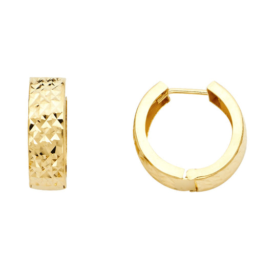 14k Yellow Gold Diamond-Cut Wide Textured Huggie Hoop Fashion Earrings