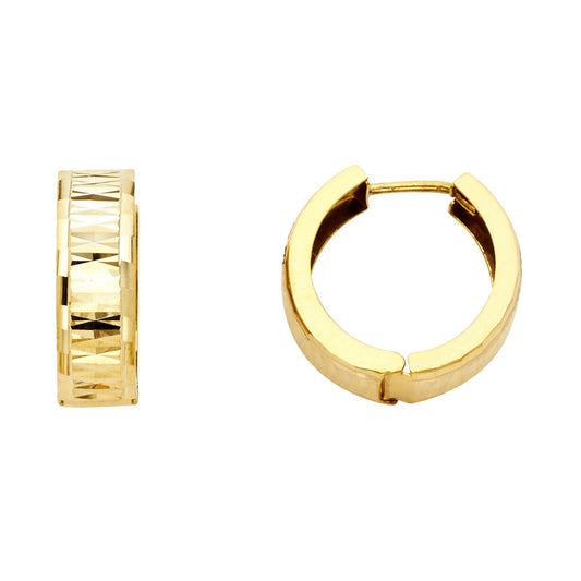 14k Yellow Gold Modern Diamond-Cut Huggie Hoop High Polish Hinge Earrings
