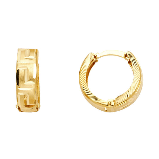 14k Yellow Gold Vintage Geometric Hoop Huggie Artistic Greek Key Earrings