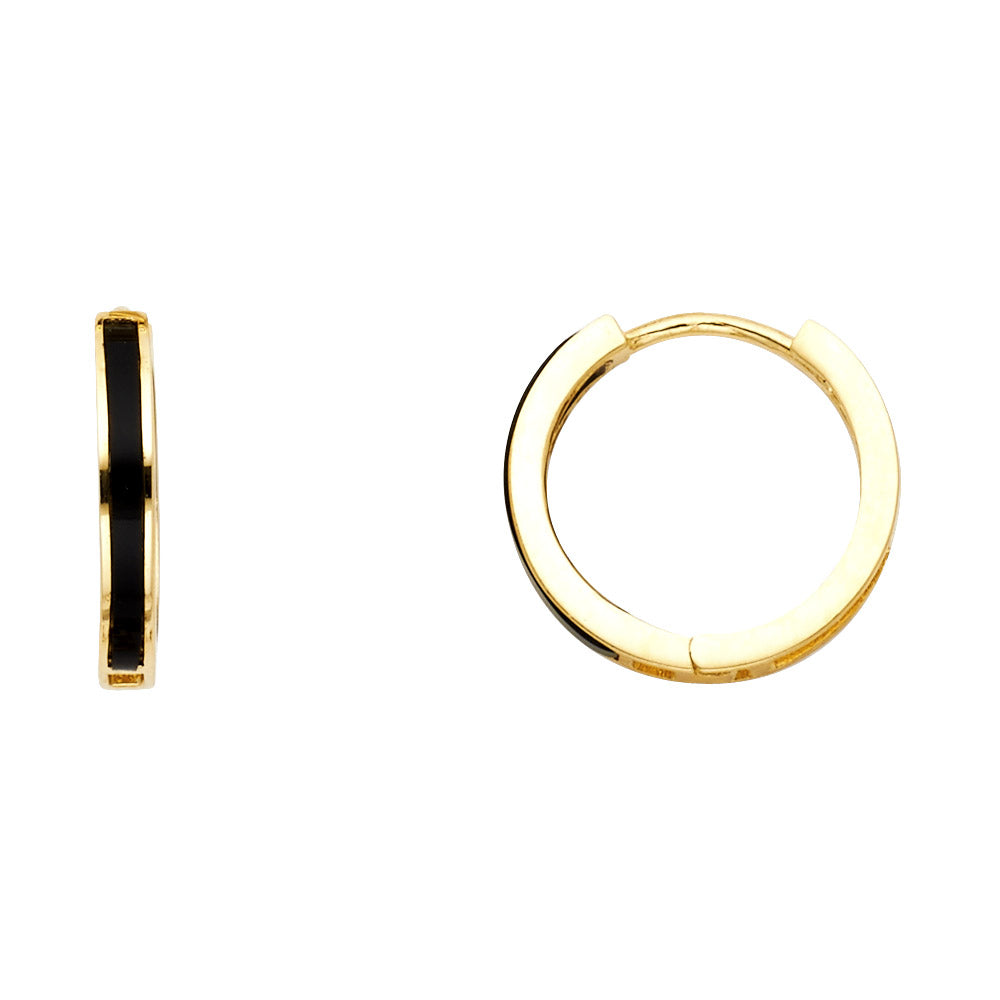 14k Yellow Gold High Polished Hoop Huggie Black Onyx Bar Stripe Vintage Earrings