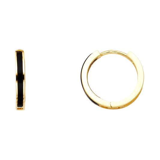 14k Yellow Gold High Polished Hoop Huggie Black Onyx Bar Stripe Vintage Earrings