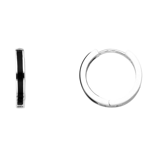 14k White Gold High Polished Hoop Huggie Hoop Black Onyx Bar Stripe Earrings
