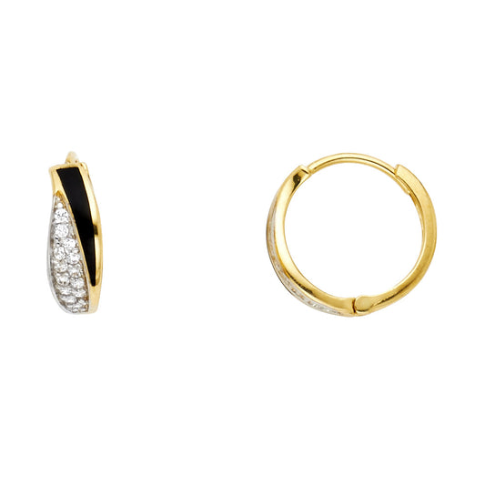 14k Yellow Gold Wave Hoop Huggie Black Onyx Bar & Clear CZ Studded Earrings