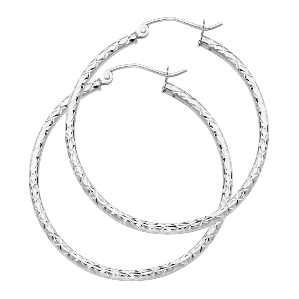 14k White Gold Simple Criss Cross Texture Hoop X Design Hinge Clasp Earrings